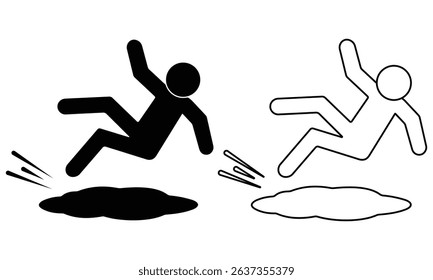 Slippery floor road icon vector design. Silhouette of  Man slipped on slippery floor,  falling person black icon silhouette pictogram. Vector illustration.