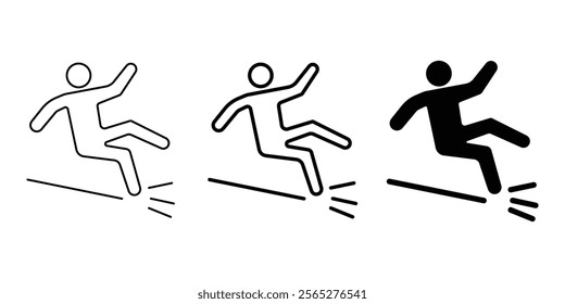 Slippery floor road vector icon on white background. Fall falling danger accident eps vector sign. Falling person pictogram on white background.