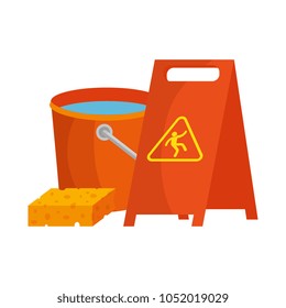 slippery floor sign with bucket and sponge