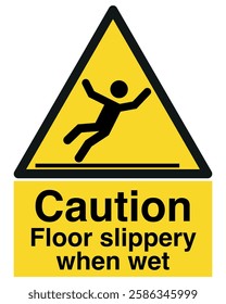 Slippery floor sign, caution or warning signage, yellow triangle danger wet surface sign