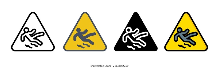 Conjunto de iconos de señal de advertencia de piso resbaladizo. Símbolo de piso mojado de precaución para Web y interfaz de usuario móvil.