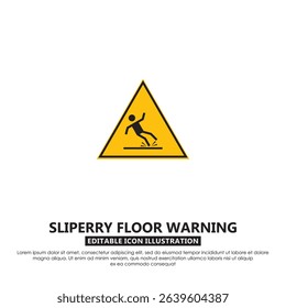 Slippery floor warning sign vector icon. A person slipping symbol inside a yellow triangle. Suitable for wet area warnings, cleaning zones, and safety signs