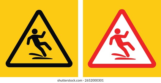 Vetor de sinal de aviso de piso escorregadio - Ícone de triângulo de alta qualidade em amarelo e vermelho para segurança no local de trabalho, rótulos de piso molhado de cuidado, riscos industriais, precaução de área pública e prevenção de riscos de deslizamento
