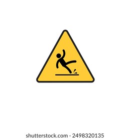 Slippery floor yellow caution sign. Wet floor caution sign. Vector. Falling person injury slipping on wet floor. Triangular yellow warning sign, unbalanced man black simple silhouette slips 