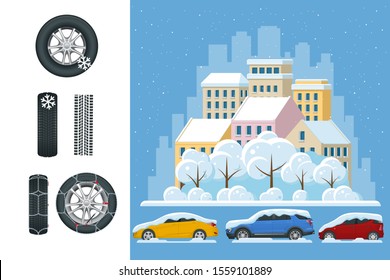 Slippery, ice, winter, snow road and cars. Caution Snow. Winter Driving and road safety. Urban transport. Car with snow chains