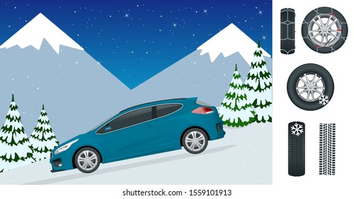 Slippery, ice, winter, snow road and cars. Caution Snow. Winter Driving and road safety. Urban transport. Chains snow for the wheels car on white background.