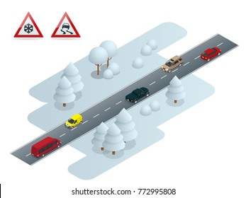 Slippery, ice, winter, snow road and cars. Caution Snow. Winter Driving and road safety. Urban transport.