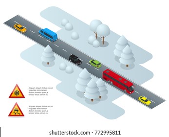 Camino resbaladizo, hielo, invierno, nieve y coches. Precaución Nieve. Invierno Conducción y seguridad vial. transporte Urbana.