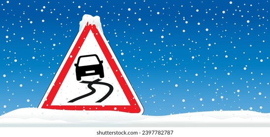 Slippery road. Car skidding uncontrollably across the highway. Warning, vehicle skidding across the road. Caution signboard. Traffic, city, street. Car skid, traffic sign. Car accident. Winter check.