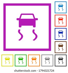 Slippery road dashboard indicator flat color icons in square frames on white background