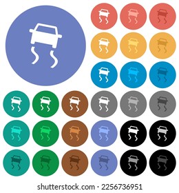 Slippery road dashboard indicator multi colored flat icons on round backgrounds. Included white, light and dark icon variations for hover and active status effects, and bonus shades.