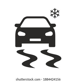 Slippery Road Icon. Car Driving On Ice. Vector Icon Isolated On White Background.