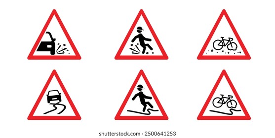 Slippery road. loose gravel, stone chipping signboard. Cartoon car, bike skidding. Traffic warning loose chippings. Vehicle skidding across the road. Falling man. Car, bike skid, traffic sign. 