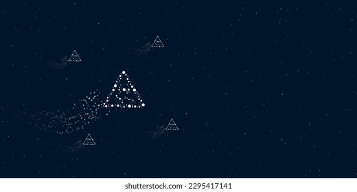 A slippery road sign filled with dots flies through the stars leaving a trail behind. There are four small symbols around. Vector illustration on dark blue background with stars