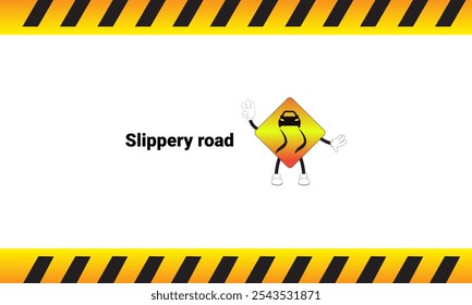 Slippery road sign graphic vector illustration with cartoon characters. Graphic design is suitable for children's education, story books, or traffic safety materials. vector illustration