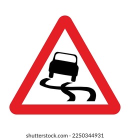 Slippery road sign in a red triangle with black sign and traffic sign. UK and USA road sign with white background. Common traffic signs and symbol in the road in rounded triangle of black and white.