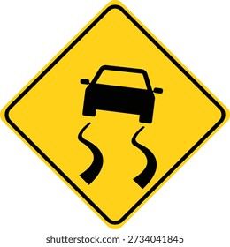 Slippery road sign. Slippery when wet road. Road sign warning of slippery conditions. Yellow wet road symbol. flat style.