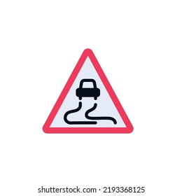 El tráfico por carretera resbaladizo es un icono plano, un pictograma colorido aislado en blanco. Símbolo, ilustración del logotipo. Diseño de estilo plano