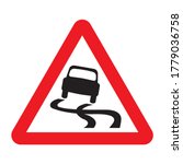 Slippery road traffic sign. Red triangle warning road sign with skidding car icon inside. Vector illustration of skid risk symbol isolated on white background.