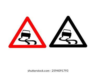 Slippery road traffic sign. Red triangle warning road sign with skidding car icon inside. Vector illustration of skid risk symbol isolated on white background.