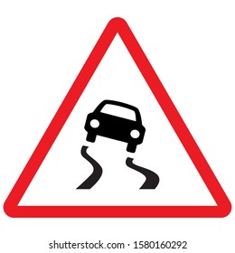 Slippery road traffic warning sign vector. Red triangle board. Road traffic symbols.