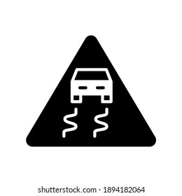 Slippery road traffic warning sign icon vector  in solid black flat shape glyph icon, isolated on white background