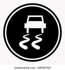 Slippery Straßenverkehrswarnzeichen mit Auto auf eisem Gleissymbol. Vorsicht, Vektorsymbol einzeln