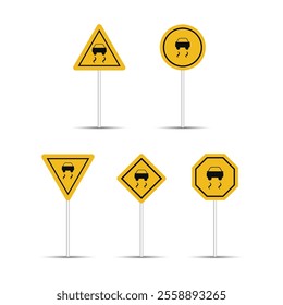 Slippery road warning and caution billboard isolated on a white background. Car and slippery road icon with multiple caution shapes. Warning, caution, and danger traffic sign for highway.