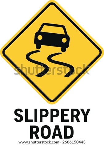 Slippery road warning sign with car symbol and winding path vector