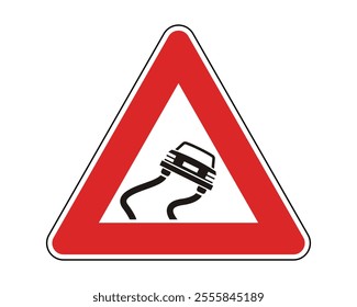 Slippery Road Warning Sign Featuring Red Triangle and Black Car with Wavy Lines Icon, Indicating a Slippery Road Section Ahead, Available as a Vector File