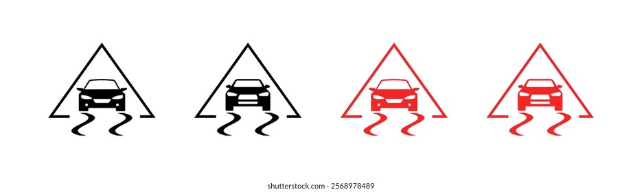 Slippery road warning sign icons. Car icons. Silhouette and flat style. Vector icons.