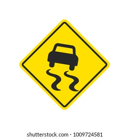 Slippery Road Warning Sign With Skidding Car On Yellow Background.