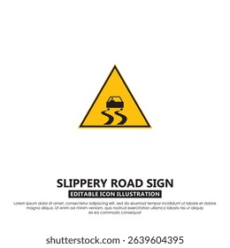 Slippery road warning traffic sign. Car skidding symbol inside a yellow triangle. Used in road signs, highway alerts, and wet condition warnings
