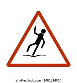 Slippery sidewalk. Sign danger on ice roadand wet sidewalk. Warning of danger during rain and sleet, risk fall and accident. Colorful template for card poster. Design flat element. Vector illustration