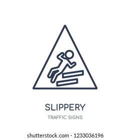 Slippery sign icon. Slippery sign linear symbol design from Traffic signs collection. Simple outline element vector illustration on white background