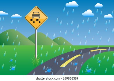 slippery sign road beside street on green grass, mountain view, blue sky and cloud in rainy day, vector illustration