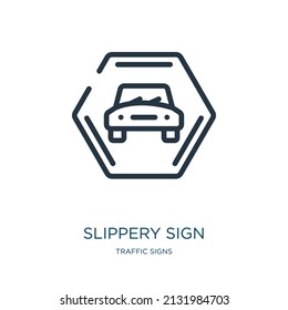 slippery sign thin line icon. danger, warning linear icons from traffic signs concept isolated outline sign. Vector illustration symbol element for web design and apps.