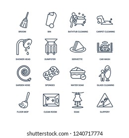 Slippery, Soak, Clean Room, Floor mop, Glass cleaning, Broom, Shower head, Garden hose, Serviette outline vector icons from 16 set