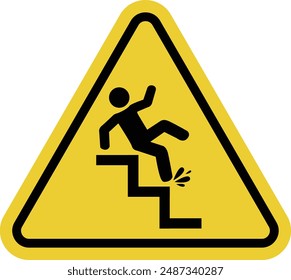 Slippery stairs sign. Caution stairs may become slippery due to weather conditions, water, oil or other factors. Prevention of accidents. Warning yellow triangular road sign.