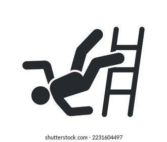 Slippery Stairs Warning. Stickman Figure Falling Down The Stairs. Workplace Safety And Injury Precaution Symbol with Person Fall Down the Ladder Isolated on White Background. Vector Illustration