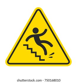 Slippery stairs warning. Yellow triangle symbol with stick figure man falling on stairs. Workplace safety and injury vector illustration.