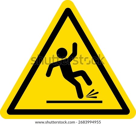 Slippery surface warning sign vector with falling person icon in yellow triangle on transparent background for safety and caution