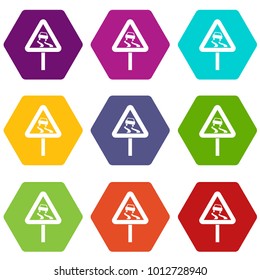 Slippery when wet road sign icon set many color hexahedron isolated on white vector illustration