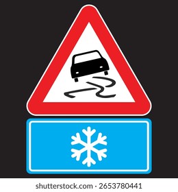Slippery when wet road sign. Warning sign of slippery road surface due to snow. Traffic sign warns about slippery road ahead. Eps10 vector illustration