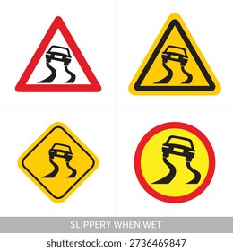 Slippery When Wet Road Sign Vector Set – Red Triangle, Yellow Diamond Vector Pack