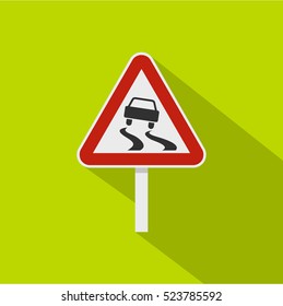 Slippery When Wet Road Sign Icon. Flat Illustration Of Slippery When Wet Road Sign Vector Icon For Web Isolated On Lime Background