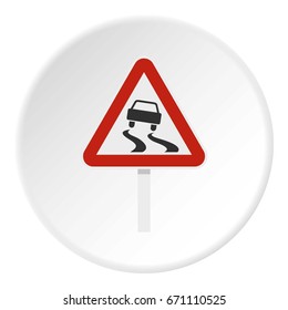 Slippery when wet road sign icon in flat circle isolated vector illustration for web