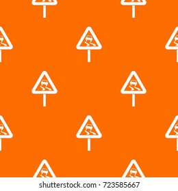 Slippery when wet road sign pattern repeat seamless in orange color for any design. Vector geometric illustration