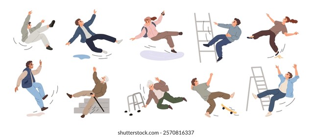 Slipping falling people. Retired men and women stumble on the stairs. Slippery floor. Pain or injuries. Insurmountable obstacles. Young persons fall from stepladder