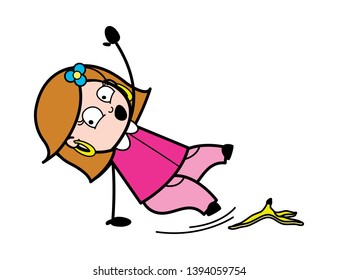 Slipping on a Banana Peel - Retro Cartoon Female Housewife Mom Vector Illustration